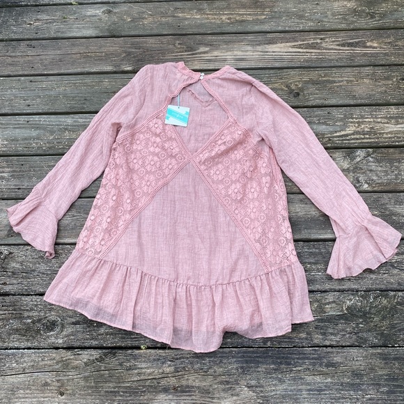 Umgee mauve pink lace tunic blouse sz large NWT trumpet sleeve w/ open back - Picture 9 of 14